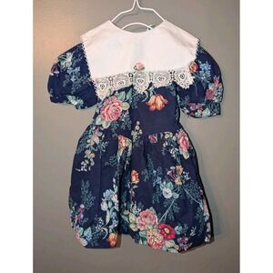 Wonderland Fashions Vintage 1980s Girl's SS Blue Pink Floral Dress Lace Size 5